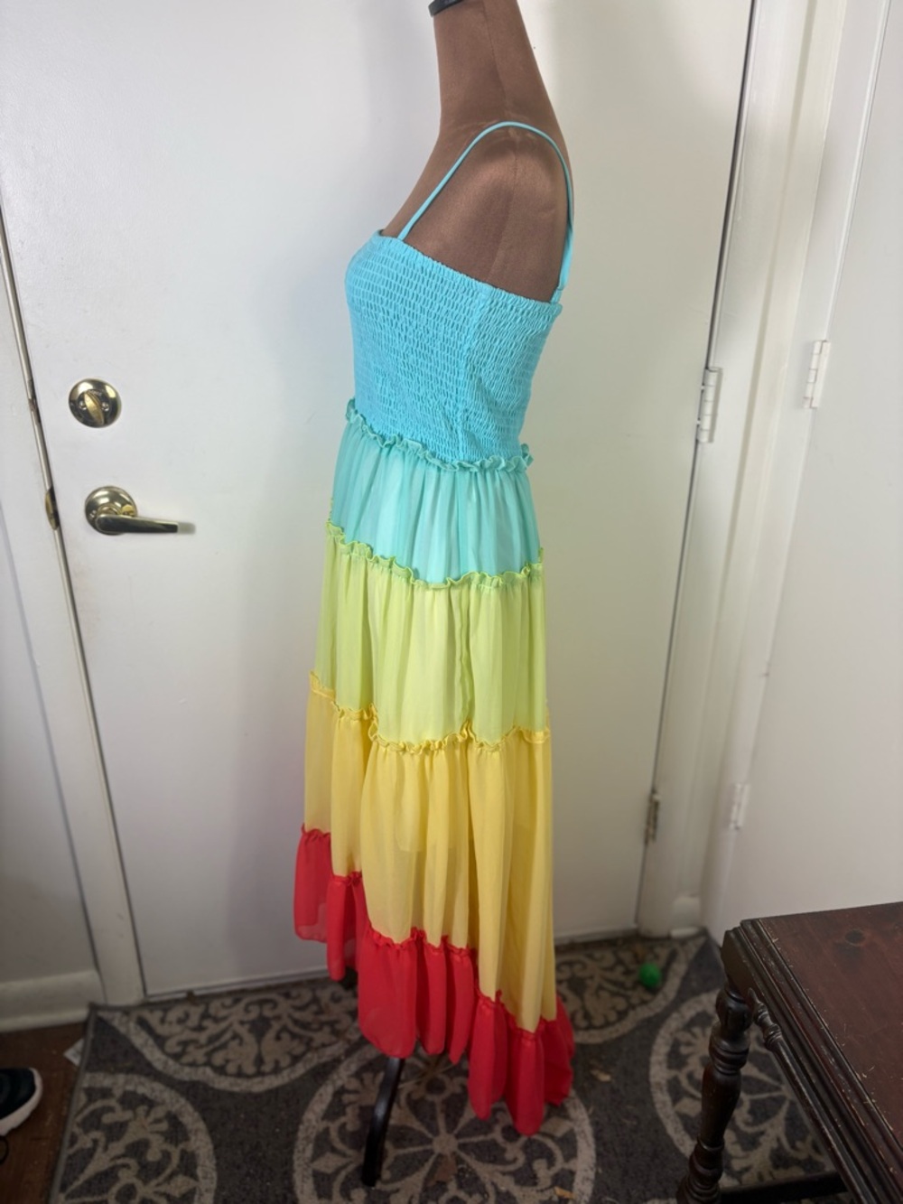 Women’s Sz M lined Hi-Low Tiered Ombre Smocked Maxi Dress in Aqua, Yellow & Red - Picture 3 of 9